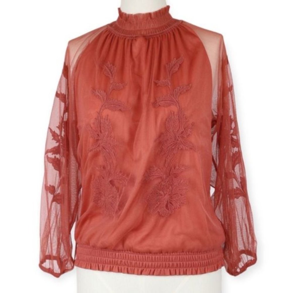 La Rambla Burnt Rose Mesh & Embroidery Floral Halter-Style Blouse M
